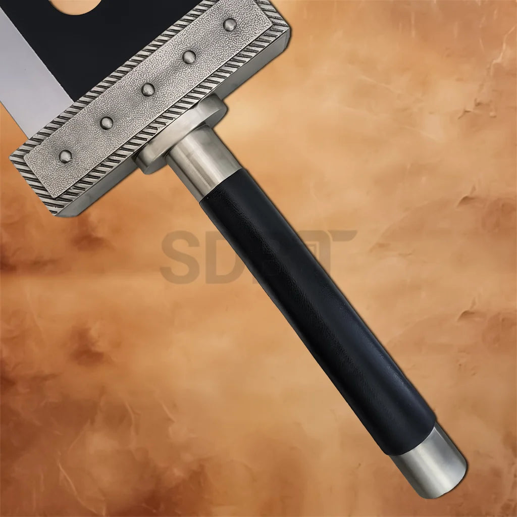 Detailed view of the Final Fantasy Cloud Strife Buster 52 Inch Sword Black Edition highlighting the black grip, silver fittings, and sturdy replica construction.