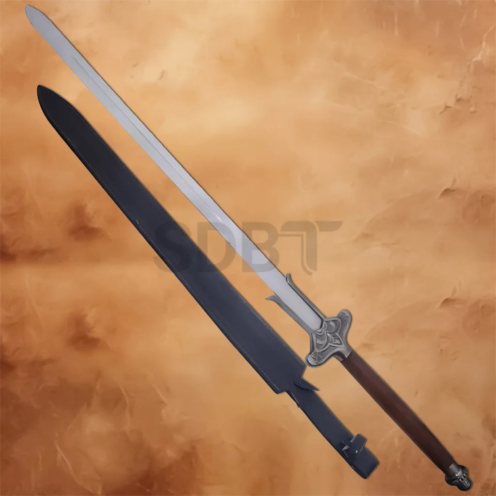 Conan the Barbarian Atlantean Sword Replica 50 Inches displayed with its black scabbard, featuring a polished stainless steel blade, detailed Atlantean crossguard, brown grip, and decorative pommel inspired by the legendary fantasy sword.