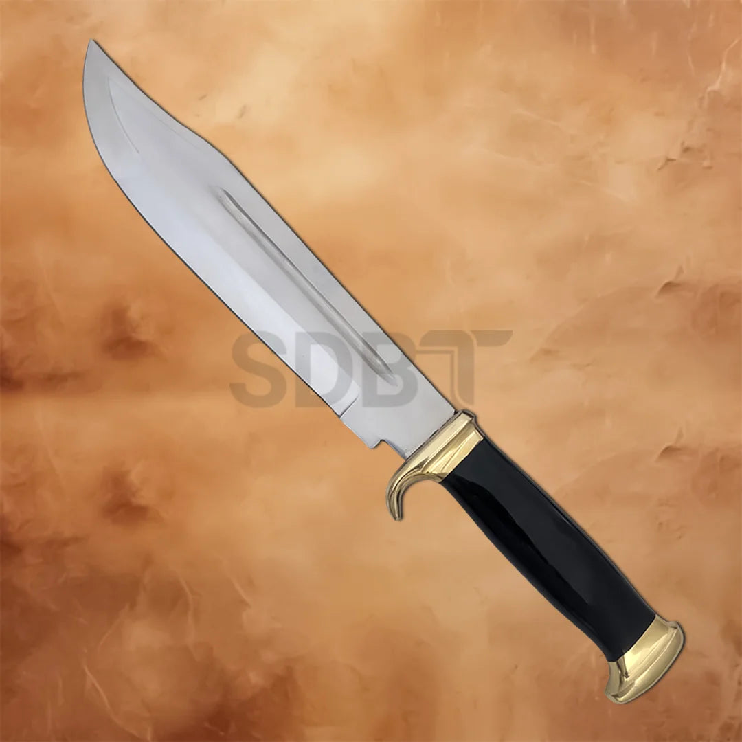 Crocodile Dundee Bowie Knife Replica featuring a polished stainless steel clip-point blade, black handle, and gold-tone guard with classic bowie knife styling.
