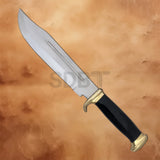 Crocodile Dundee Bowie Knife Replica featuring a polished stainless steel clip-point blade, black handle, and gold-tone guard with classic bowie knife styling.