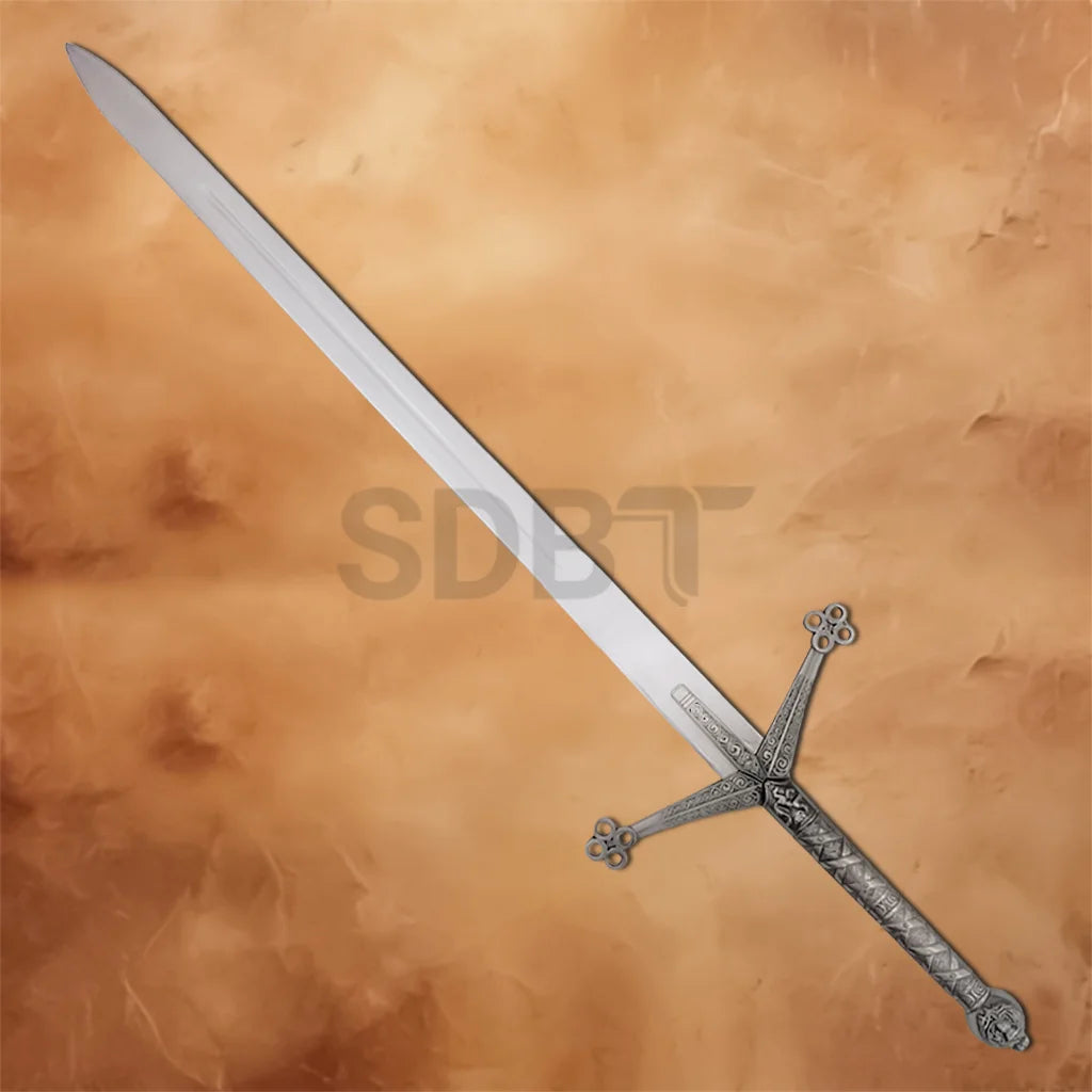 Decorative Medieval Black Knight Claymore Sword Replica with a polished stainless steel blade, engraved hilt, and authentic medieval styling for cosplay, display, and historical collections.