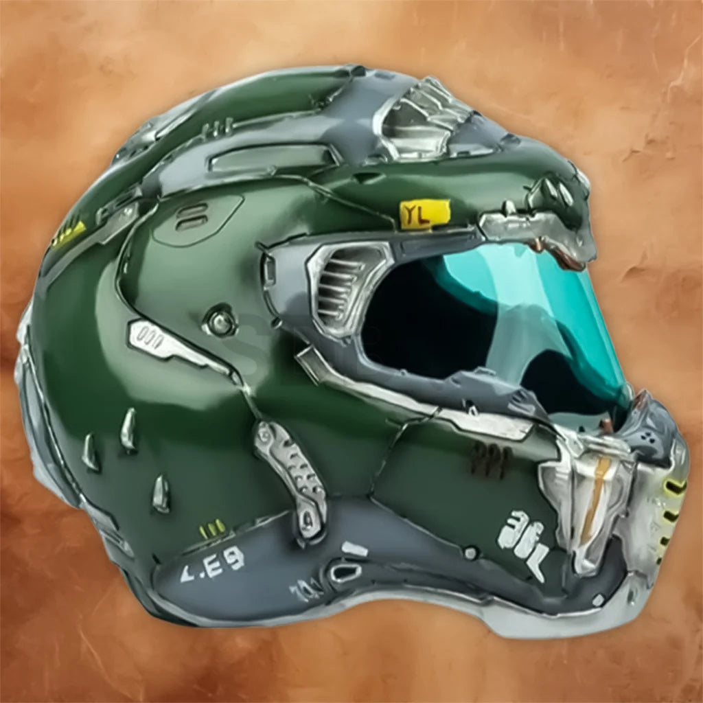 Close-up of the DOOM Eternal wearable resin helmet showcasing premium resin craftsmanship and realistic detailing.