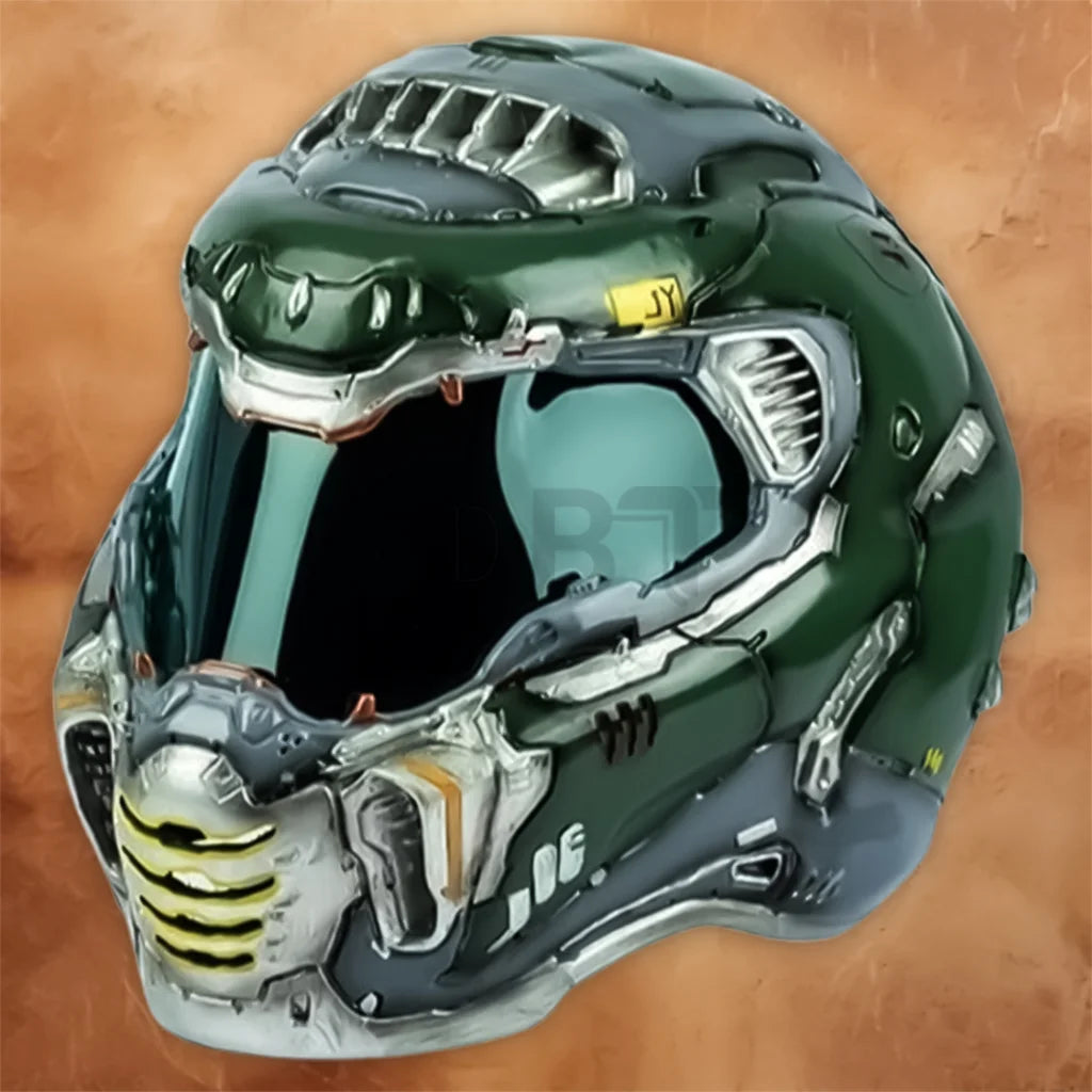 Angled view of the DOOM Eternal wearable resin helmet featuring intricate sculpted detailing.