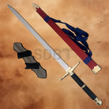 Complete Dragon Ball Z Trunks Gold Hilt Sword Replica set including the sword, red scabbard with shoulder strap, and wooden wall display plaque for collectors and cosplay displays.