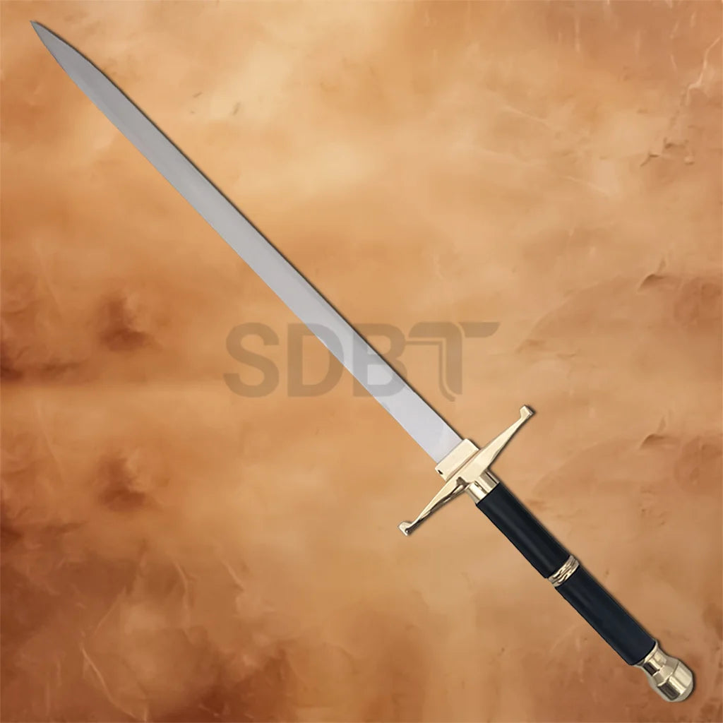 Full view of the Dragon Ball Z Trunks Gold Hilt Sword Replica featuring a polished stainless steel blade, gold crossguard, and black handle for anime collectors and cosplay.