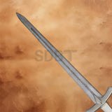 Close-up of the Eddard Stark Ice Sword Replica featuring the weathered steel blade with a medieval finish inspired by the legendary greatsword from Game of Thrones.