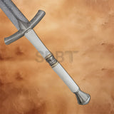 Close-up of the Eddard Stark Ice Sword Replica highlighting the white grip, decorative center ring, and polished pommel for an authentic collector's display.