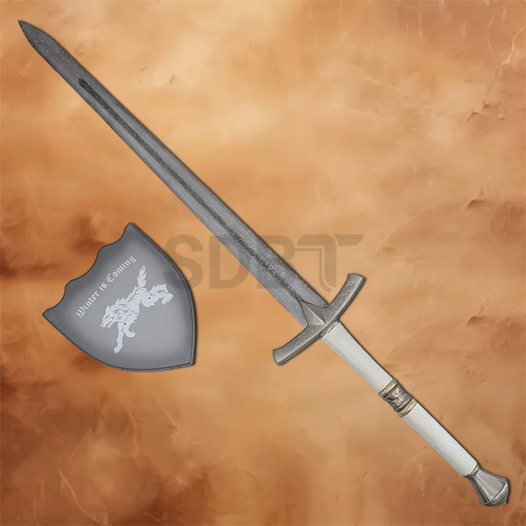 Complete Eddard Stark Ice Sword Replica set including the medieval greatsword and Winter Is Coming wall display plaque, perfect for Game of Thrones collectors.