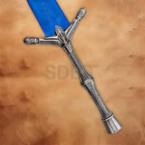 Detailed view of the intricately engraved silver hilt and crossguard of the blue Moonlight Greatsword Replica.
