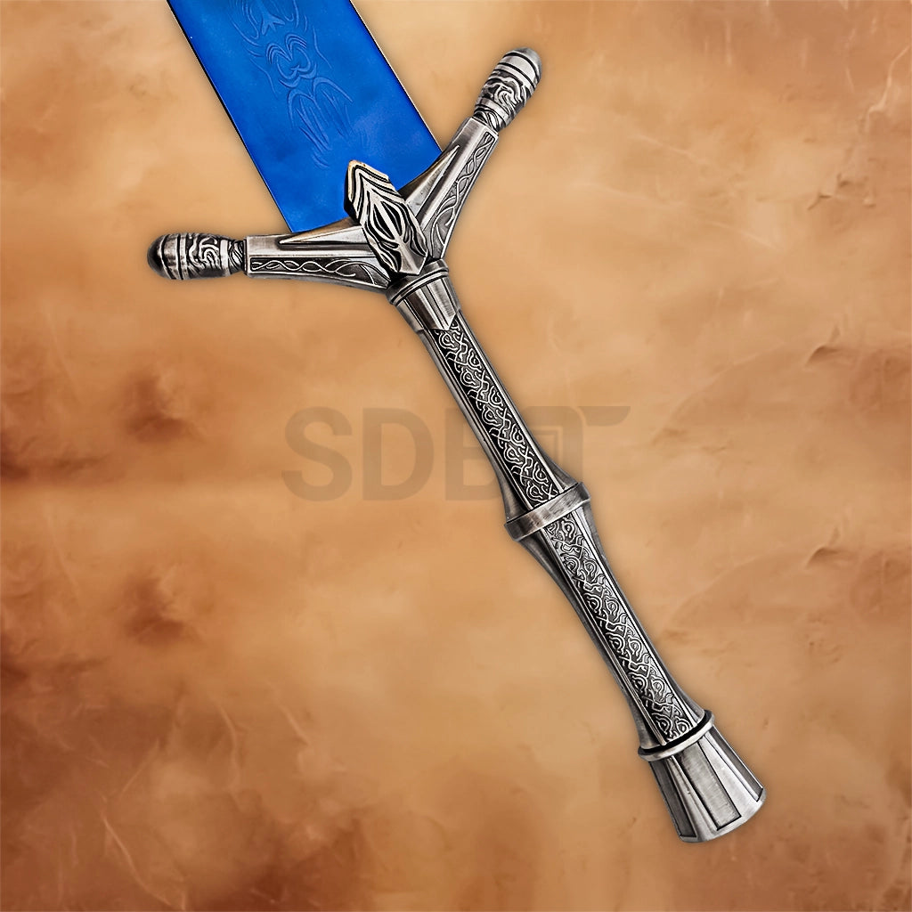 Detailed view of the intricately engraved silver hilt and crossguard of the blue Moonlight Greatsword Replica.