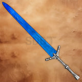 Full view of the Elden Ring Blue Moonlight Greatsword Replica featuring a blue engraved blade and ornate silver handle.