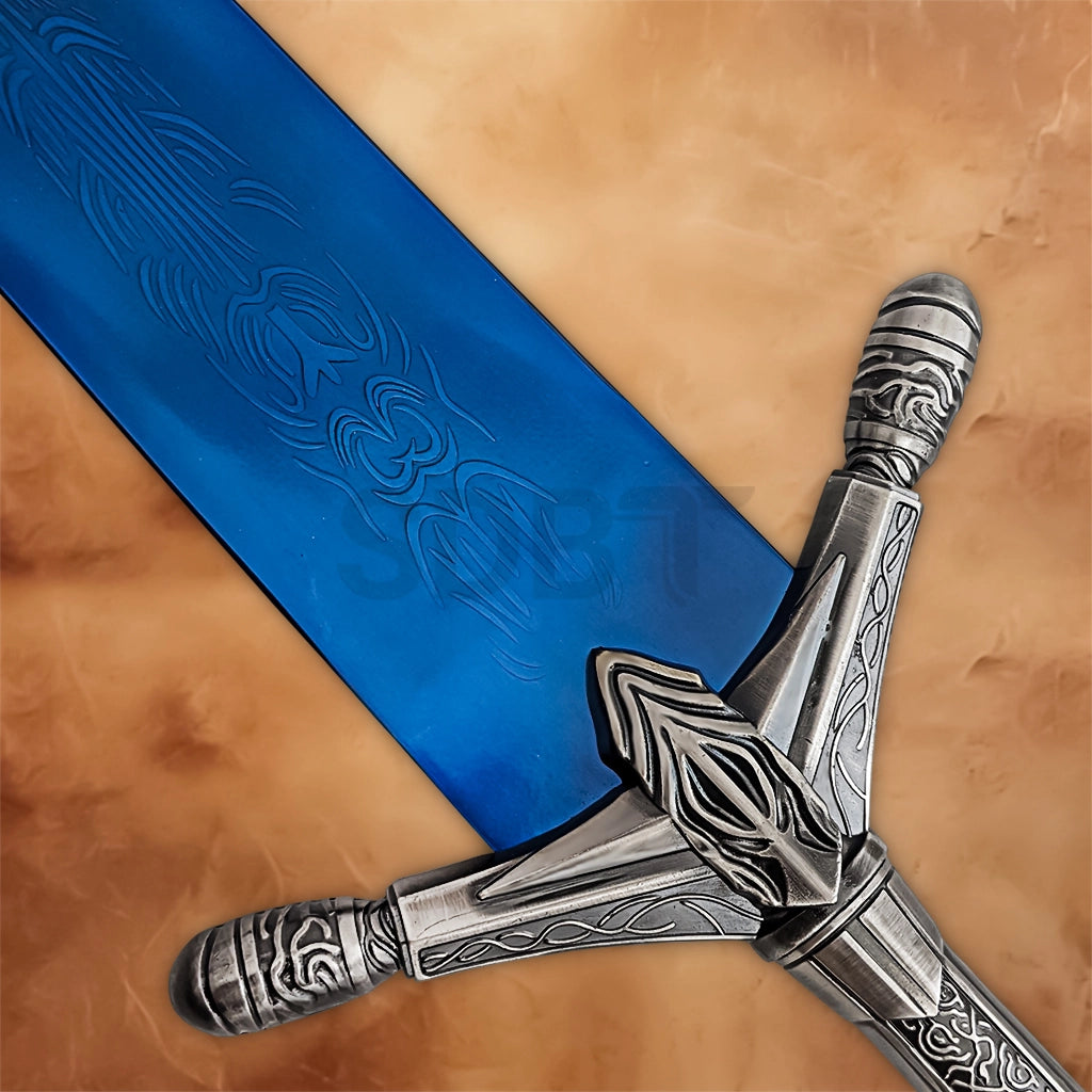 Close-up of the blue blade and ornate silver crossguard of the Elden Ring Moonlight Greatsword Replica.