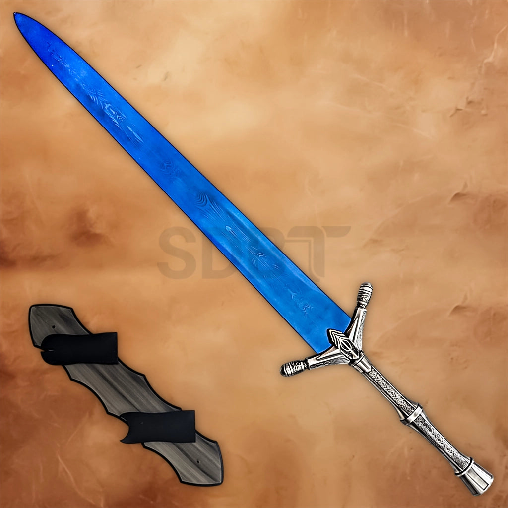 Elden Ring Blue Moonlight Greatsword Replica displayed with its blue blade, silver handle and black scabbard.