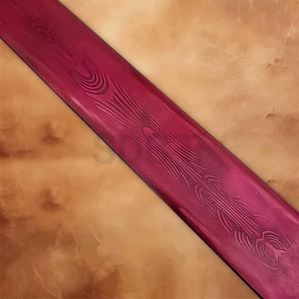 Detailed view of the red blade featuring embossed patterns on the Elden Ring Moonlight Greatsword Replica.