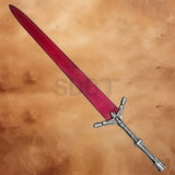 Full view of the Elden Ring Moonlight Greatsword Replica featuring a red blade and intricate silver hilt.
