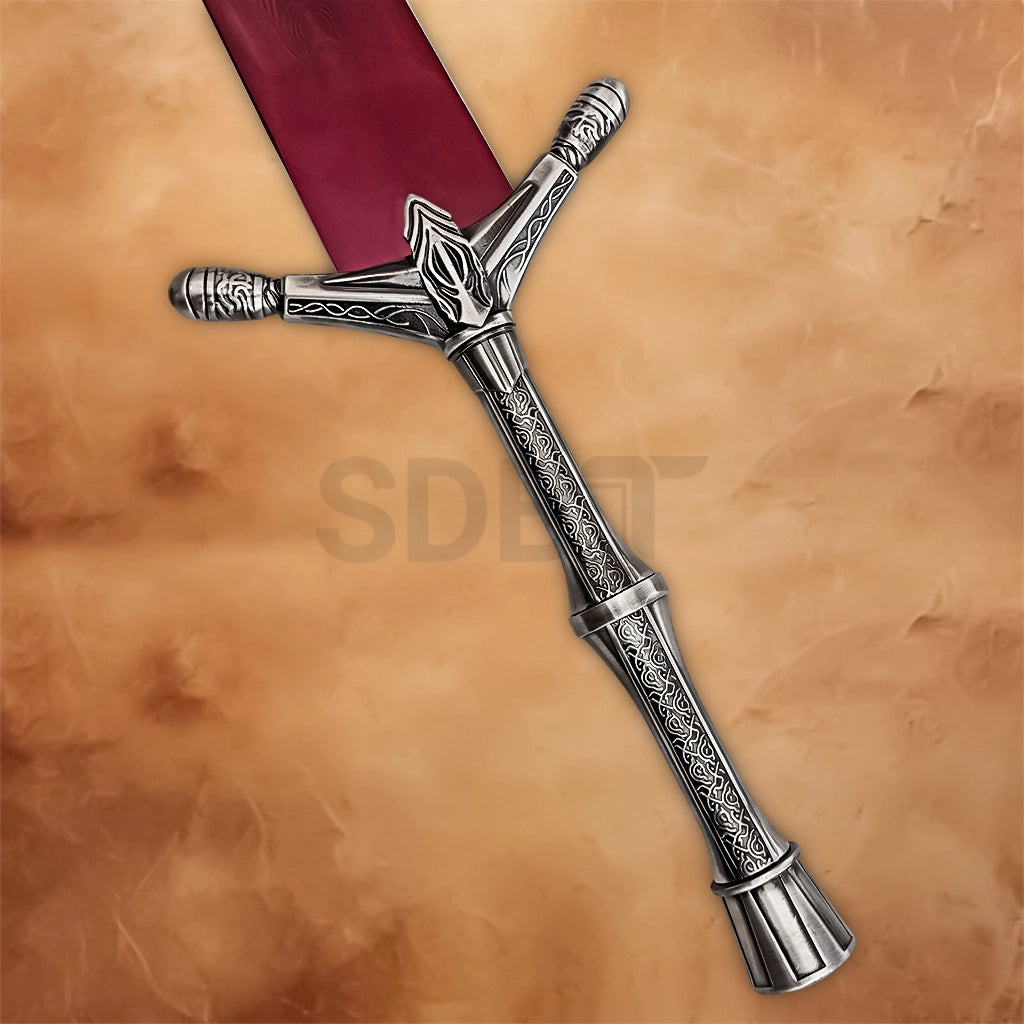 Detailed view of the silver crossguard and engraved handle of the Elden Ring Moonlight Greatsword Replica.