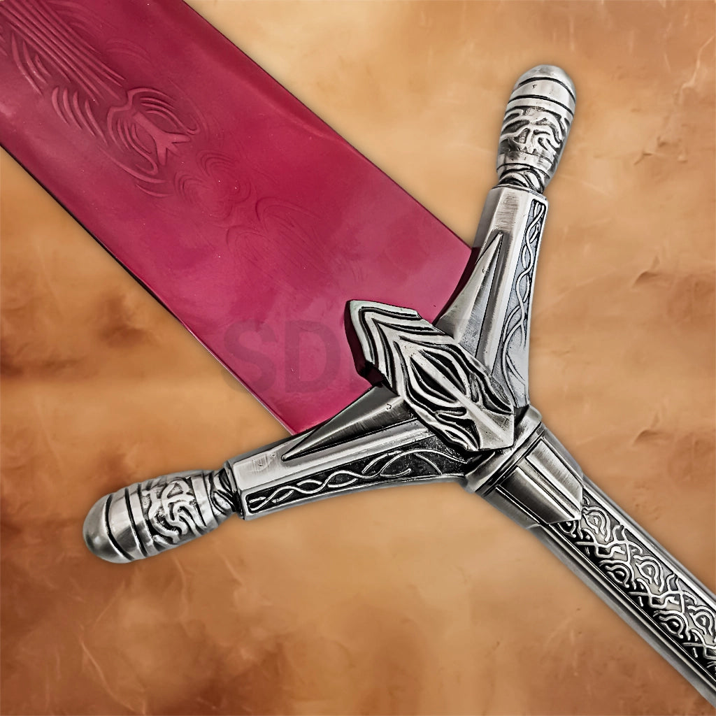 Close-up of the ornate silver hilt and decorative crossguard of the Elden Ring Moonlight Greatsword Replica.