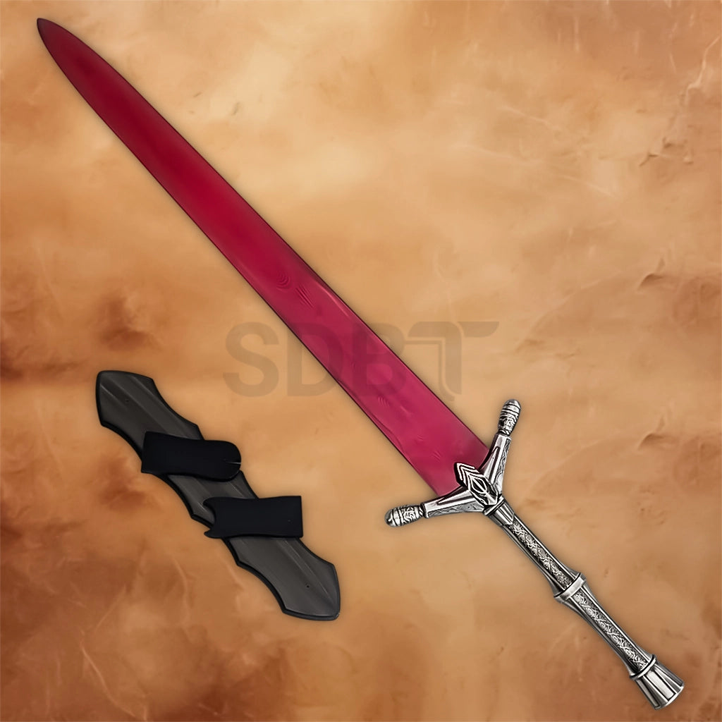 Elden Ring Moonlight Greatsword Replica with a red blade, ornate silver handle and black scabbard.