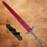 Elden Ring Moonlight Greatsword Replica with a red blade, ornate silver handle and black scabbard.