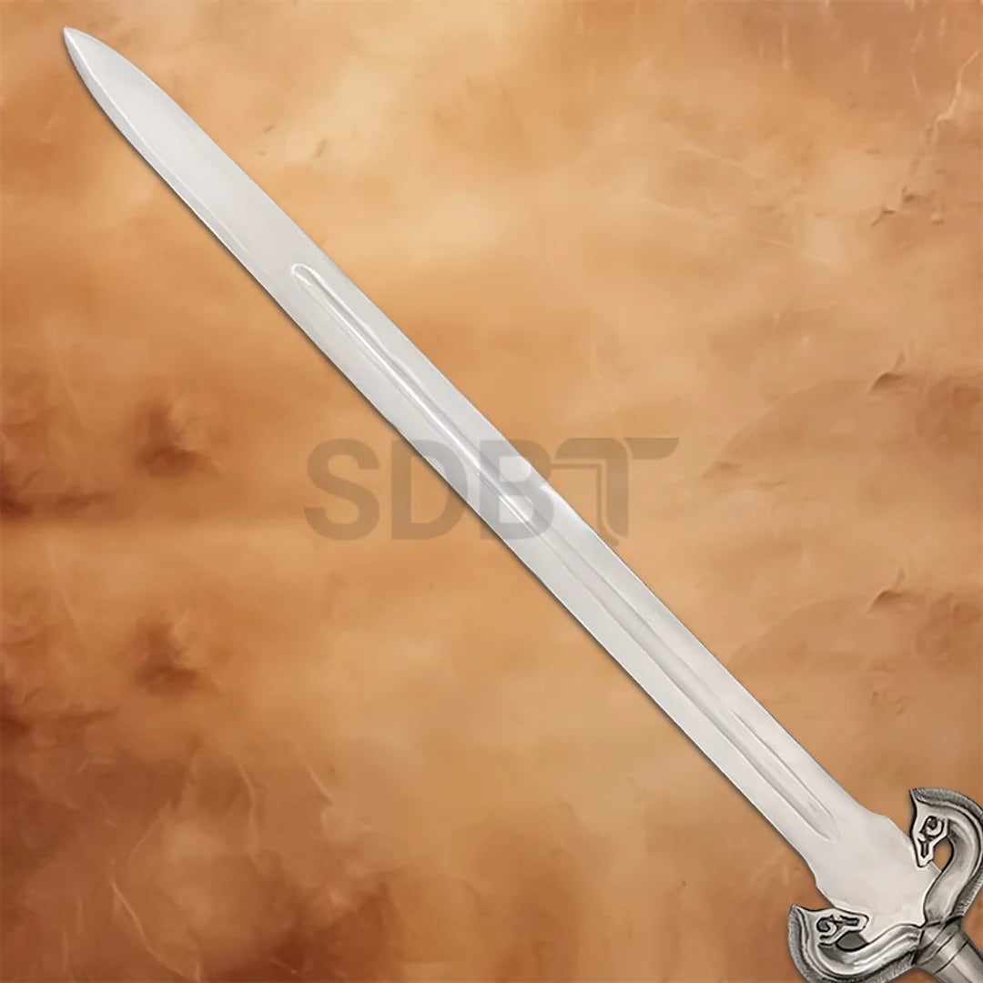 Close-up of the Eowyn Sword replica blade featuring a polished stainless steel finish inspired by The Lord of the Rings.