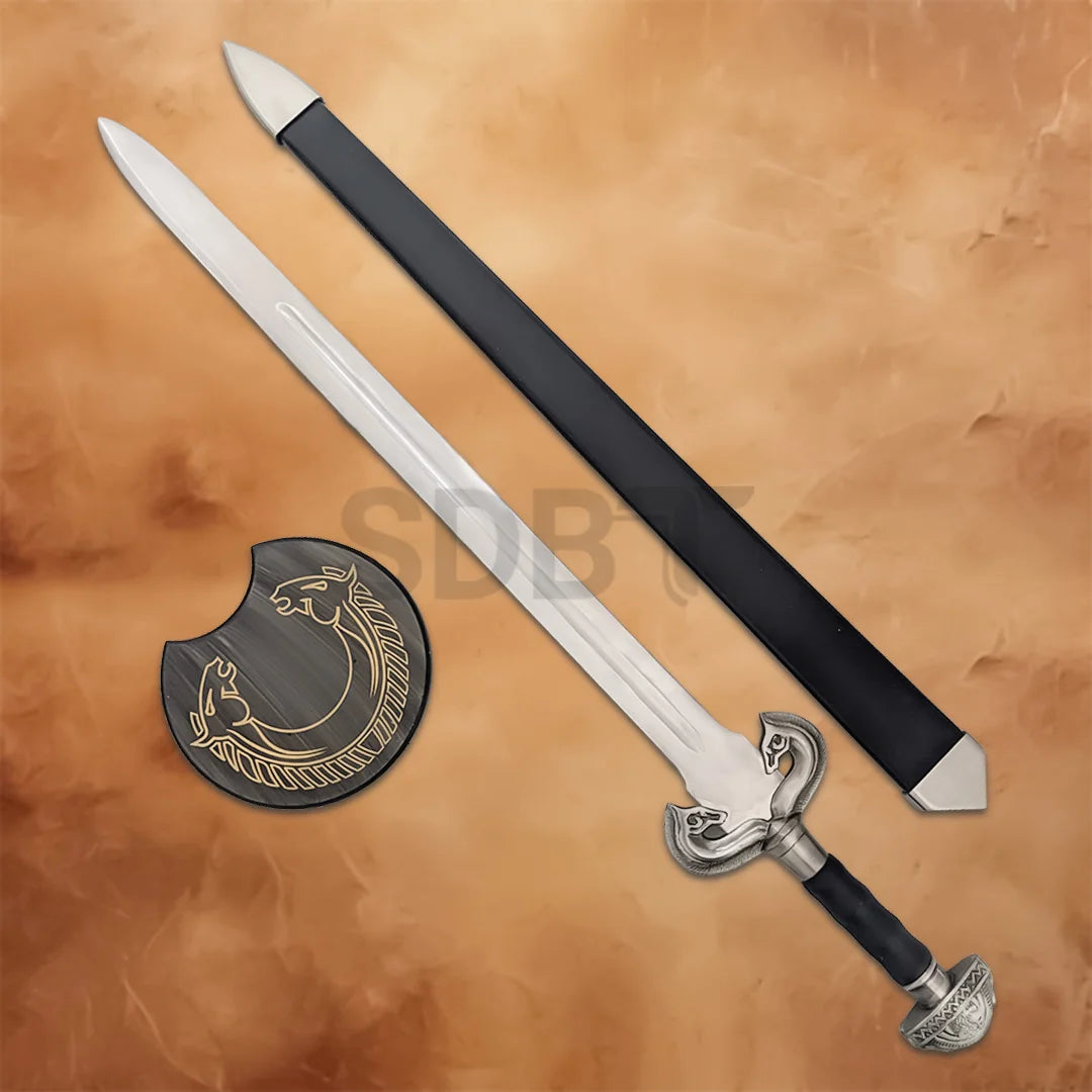 Complete Eowyn Sword replica set including the stainless steel sword, black scabbard, and decorative wall plaque for LOTR collectors.