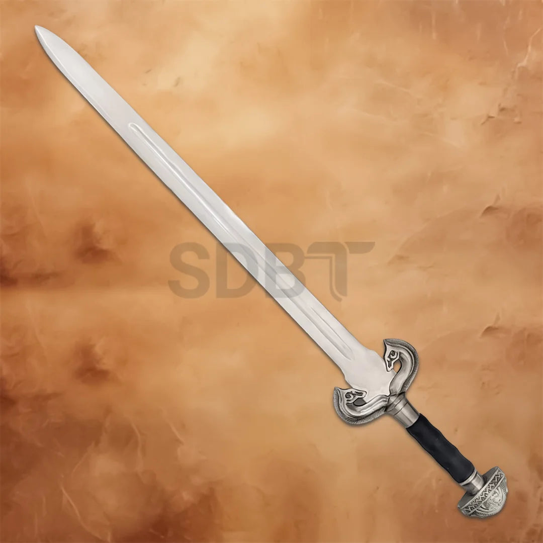 Full-length Eowyn Sword replica featuring a polished stainless steel blade, horse-head guard, black handle, and decorative silver pommel.