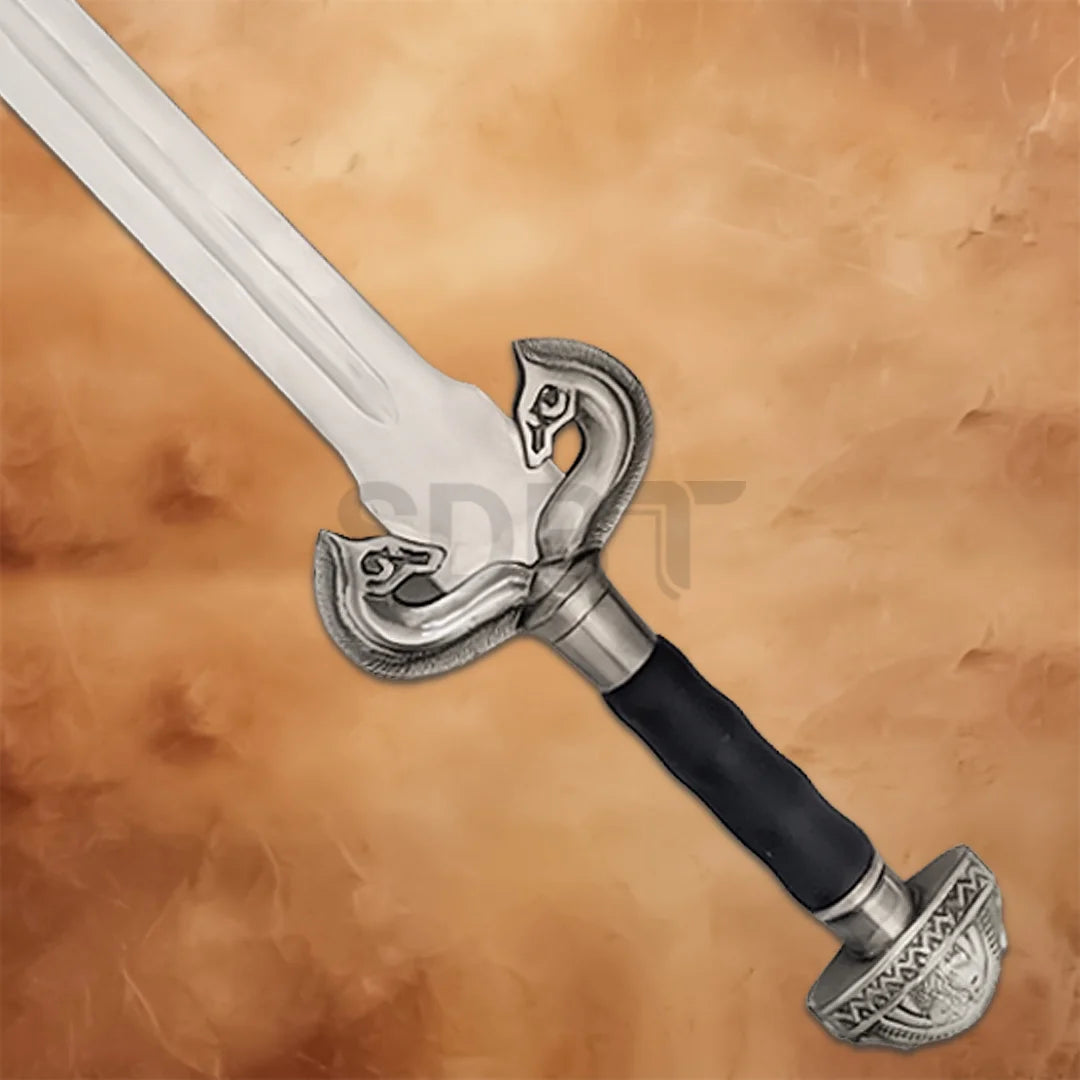 Detailed view of the Eowyn Sword replica hilt with horse-head crossguard, black grip, and silver pommel inspired by The Lord of the Rings.