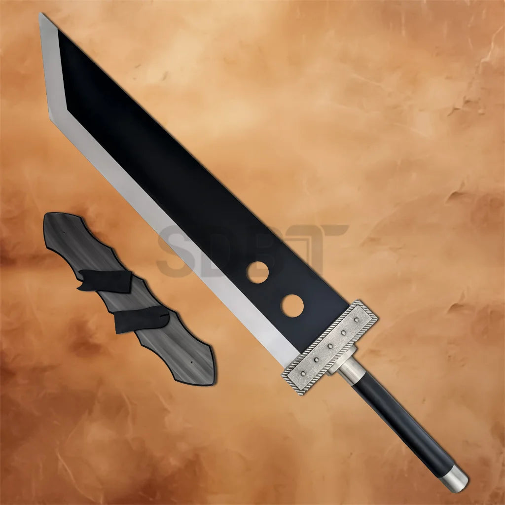 Full view of the Final Fantasy Cloud Strife Buster 52 Inch Sword Black Edition with wooden wall display plaque, featuring the oversized black blade inspired by Cloud Strife's legendary weapon.