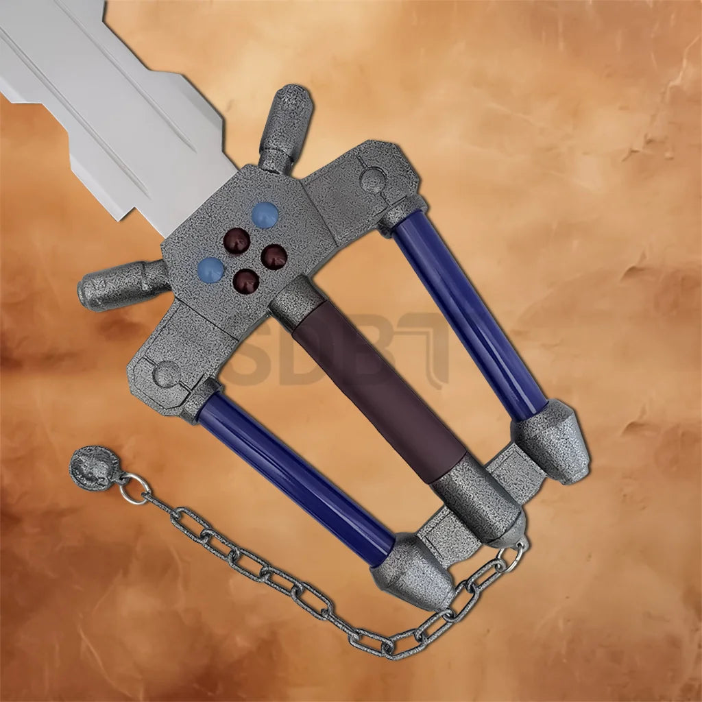 Full-length Kingdom Hearts II Sora Fenrir Keyblade replica featuring a silver fantasy blade, detailed blue handle, and signature chain design
