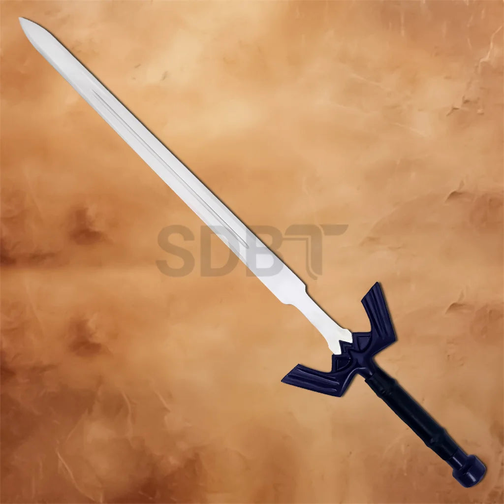 Full-length Link Master Sword Replica with polished stainless steel blade, blue crossguard, black grip, and iconic Zelda-inspired design for cosplay and display.