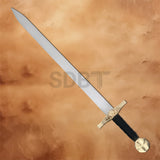 Full-length Medieval Knights Templar Cross Sword Replica with a polished stainless steel blade, gold crossguard, black handle, and Crusader-inspired design for display and collection.