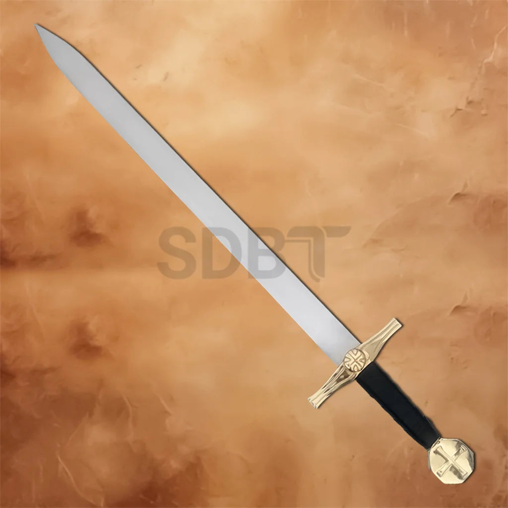Full-length Medieval Knights Templar Cross Sword Replica with a polished stainless steel blade, gold crossguard, black handle, and Crusader-inspired design for display and collection.