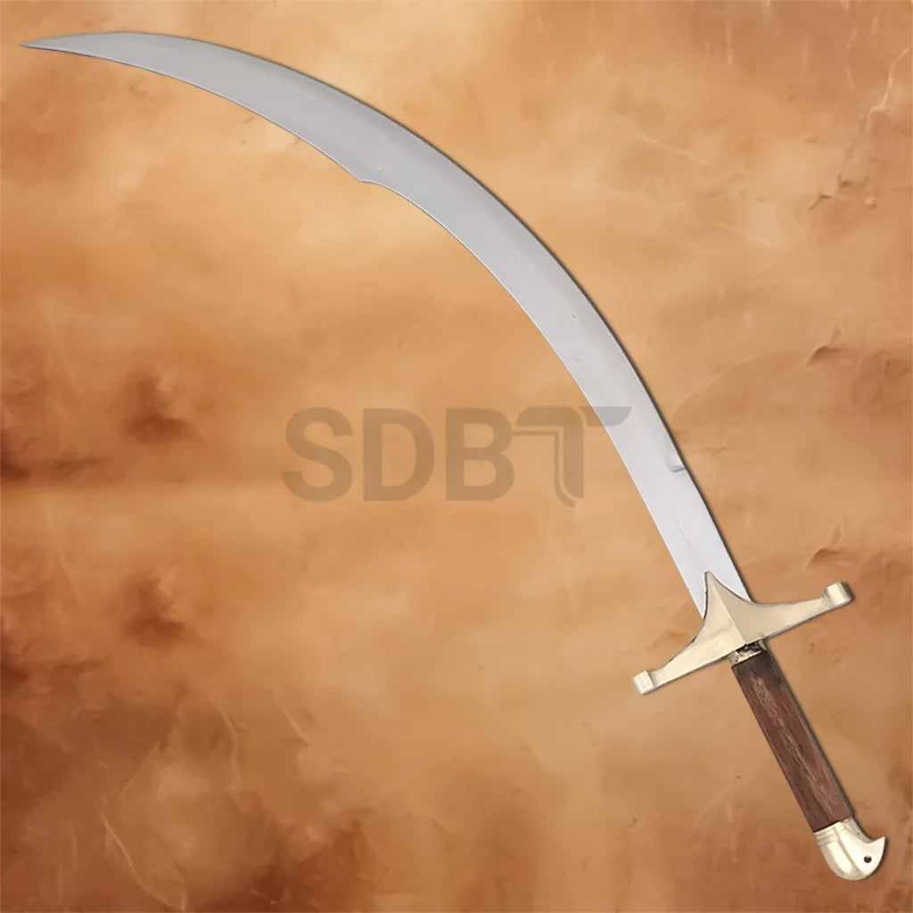 Full-size Ancient Persian Sword Replica showcasing a gracefully curved stainless steel blade, brass guard, wooden handle, and authentic historical design.