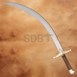Full-size Ancient Persian Sword Replica showcasing a gracefully curved stainless steel blade, brass guard, wooden handle, and authentic historical design.