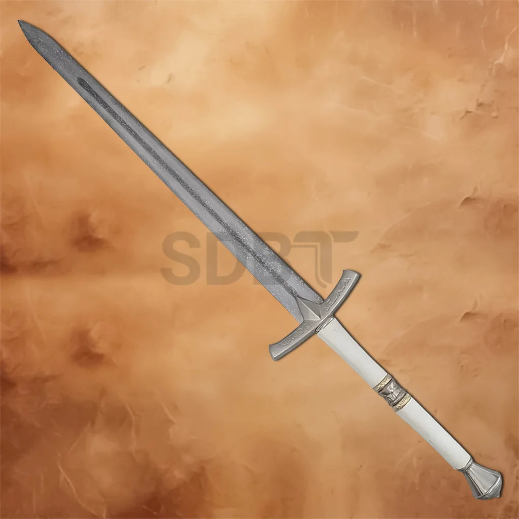 Full-size Eddard Stark Ice Sword Replica featuring a weathered steel blade, engraved crossguard, white handle, and medieval-inspired craftsmanship for display and cosplay.