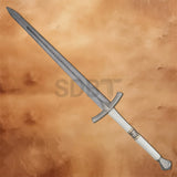 Full-size Eddard Stark Ice Sword Replica featuring a weathered steel blade, engraved crossguard, white handle, and medieval-inspired craftsmanship for display and cosplay.