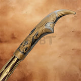 Detailed view of the fully upgraded Leviathan Axe handle with premium craftsmanship and decorative brass inlays inspired by Kratos from God of War Ragnarök