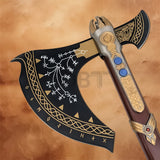 Close-up of the fully upgraded Leviathan Axe head with engraved runes, blue accents and gold detailing inspired by God of War Ragnarök