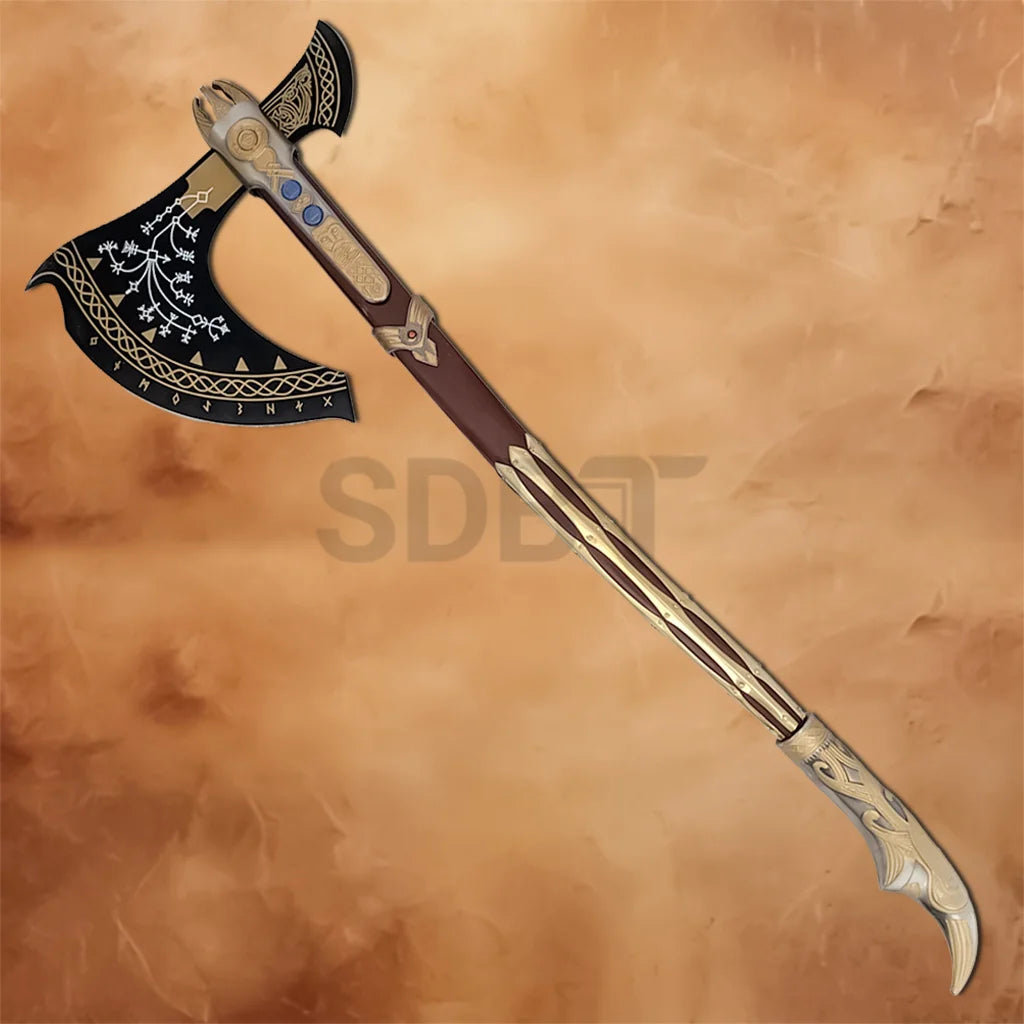 Fully Upgraded Leviathan Axe of Kratos replica featuring detailed Norse engravings inspired by God of War Ragnarök