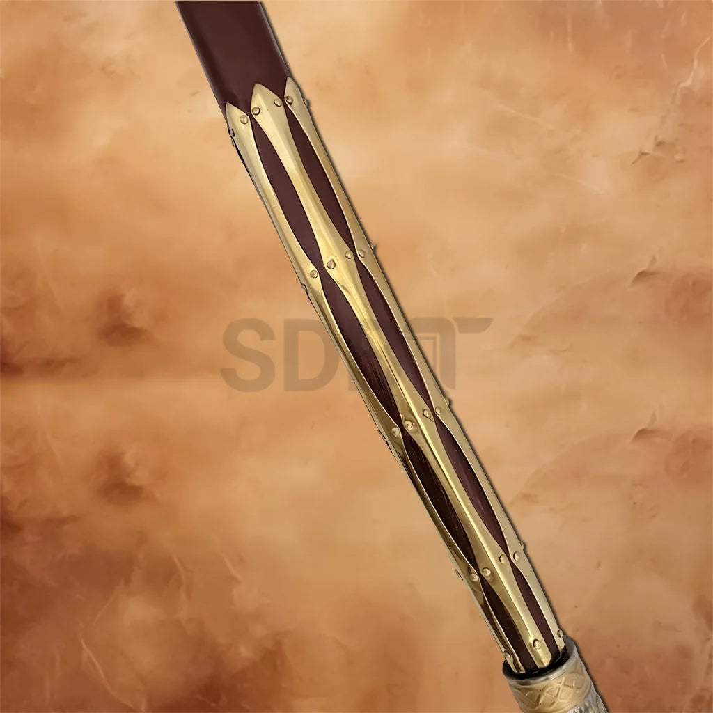 Fully Upgraded Leviathan Axe handle close-up featuring engraved Norse carvings and gold accents from Kratos' God of War Ragnarök replica