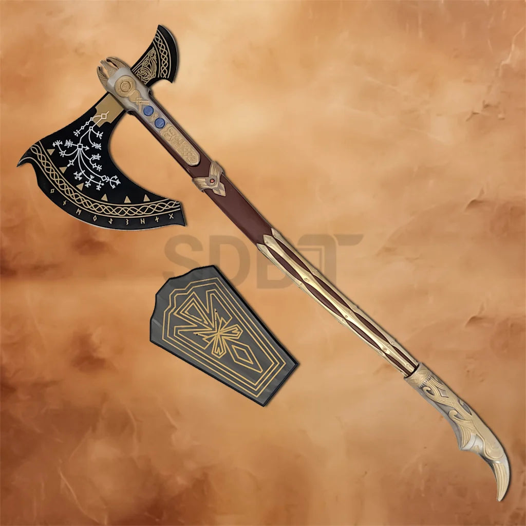 Fully upgraded Leviathan Axe replica with decorative display plaque inspired by Kratos from God of War Ragnarök