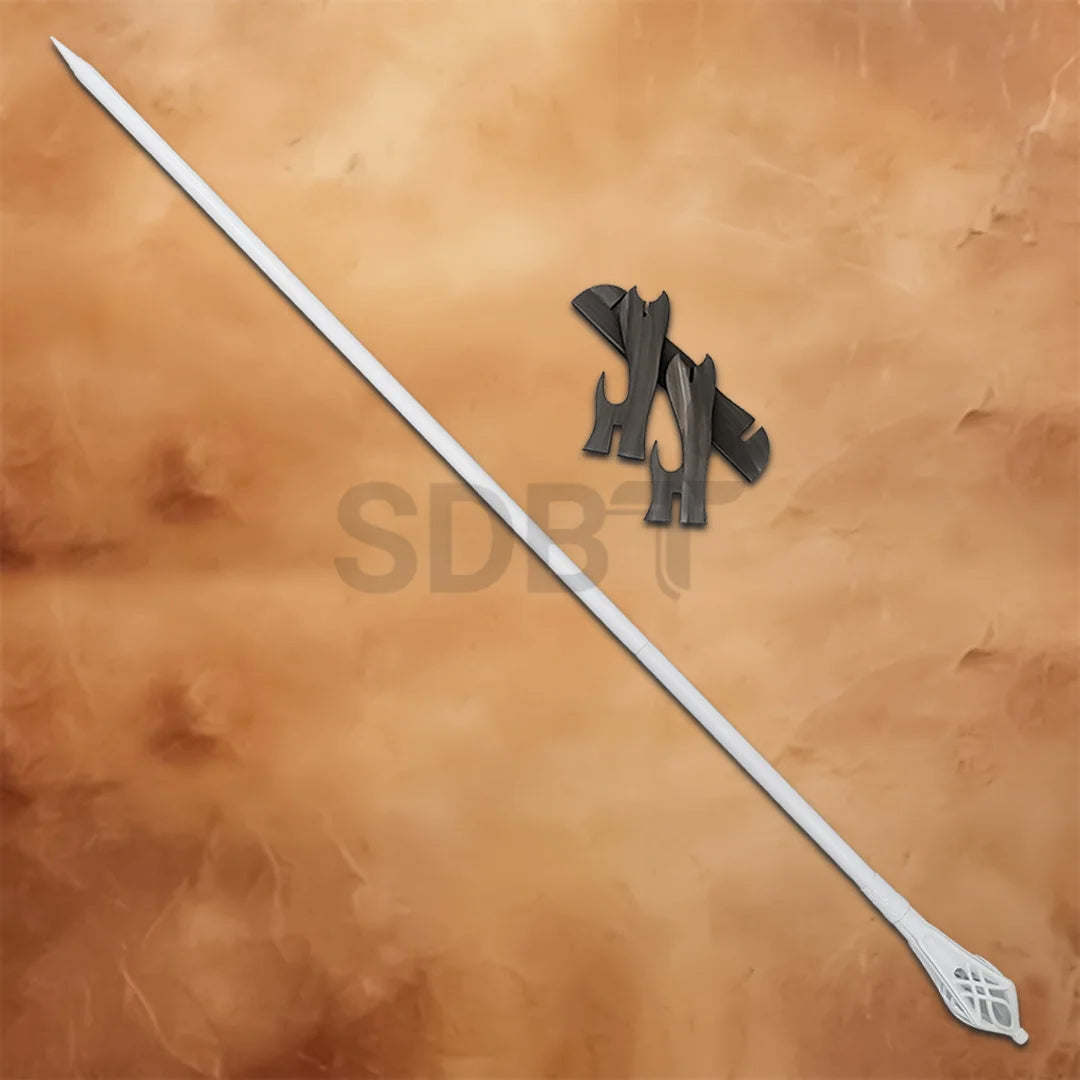 Gandalf the White Staff Replica with wooden display stand inspired by The Lord of the Rings, perfect for fantasy collections and home display.
