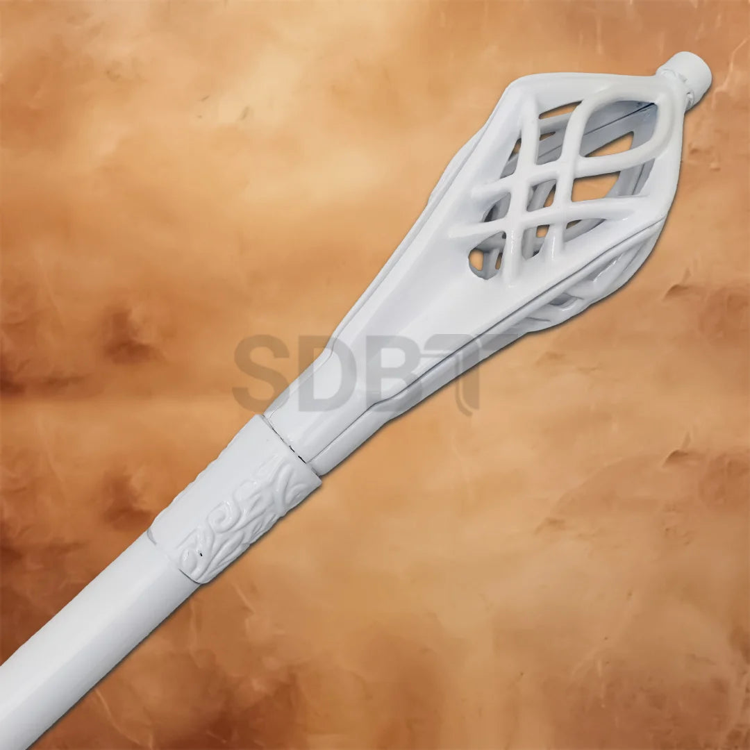 Close-up of Gandalf the White Staff Replica showcasing the ornate crown design with detailed Elven-inspired craftsmanship from The Lord of the Rings.