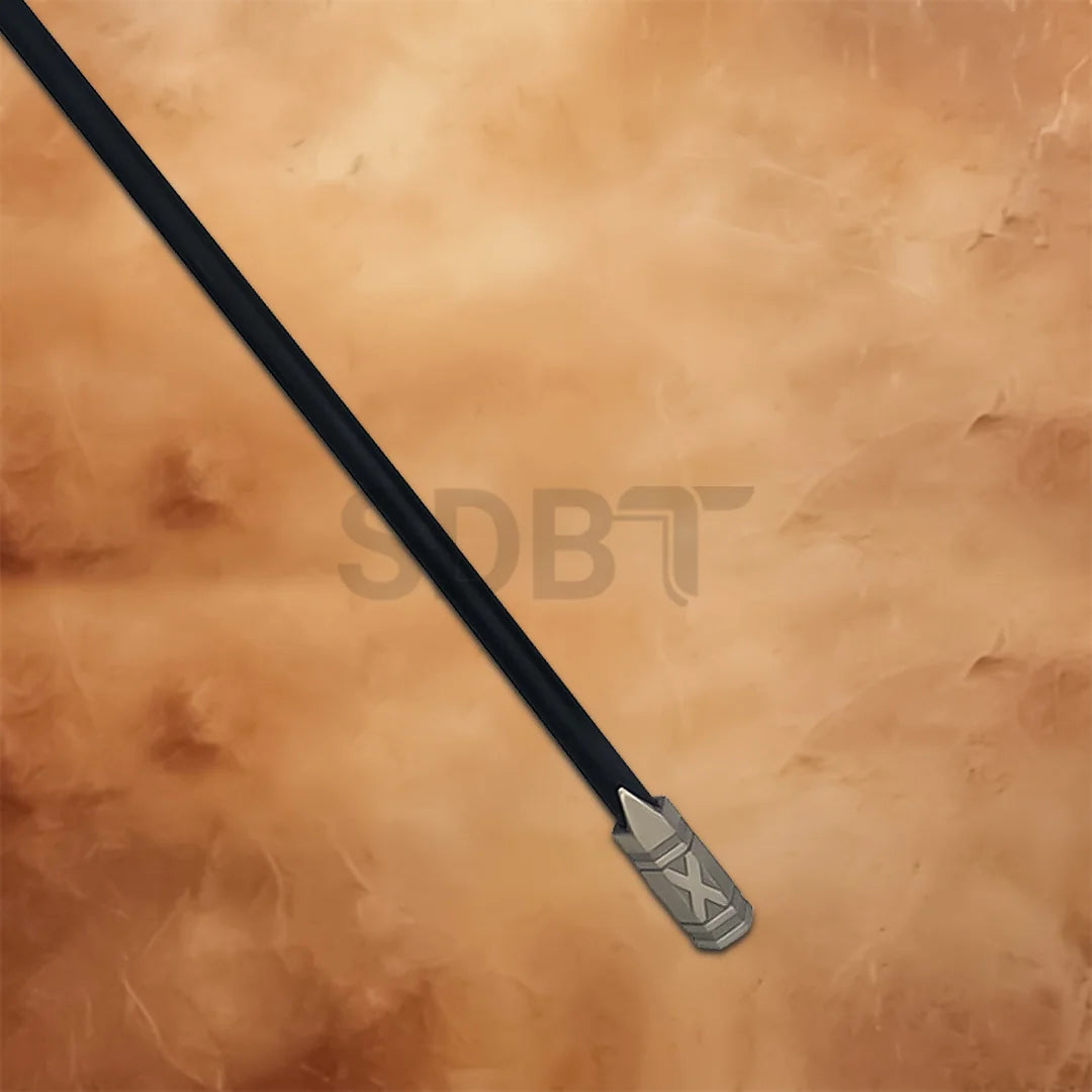 Detailed close-up of the lower section of the Gimli Walking Axe Replica featuring a durable black shaft and decorative silver end cap inspired by The Lord of the Rings.
