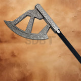 Close-up of the Gimli Walking Axe Replica showcasing the engraved dwarven axe head with intricate textures inspired by The Lord of the Rings.
