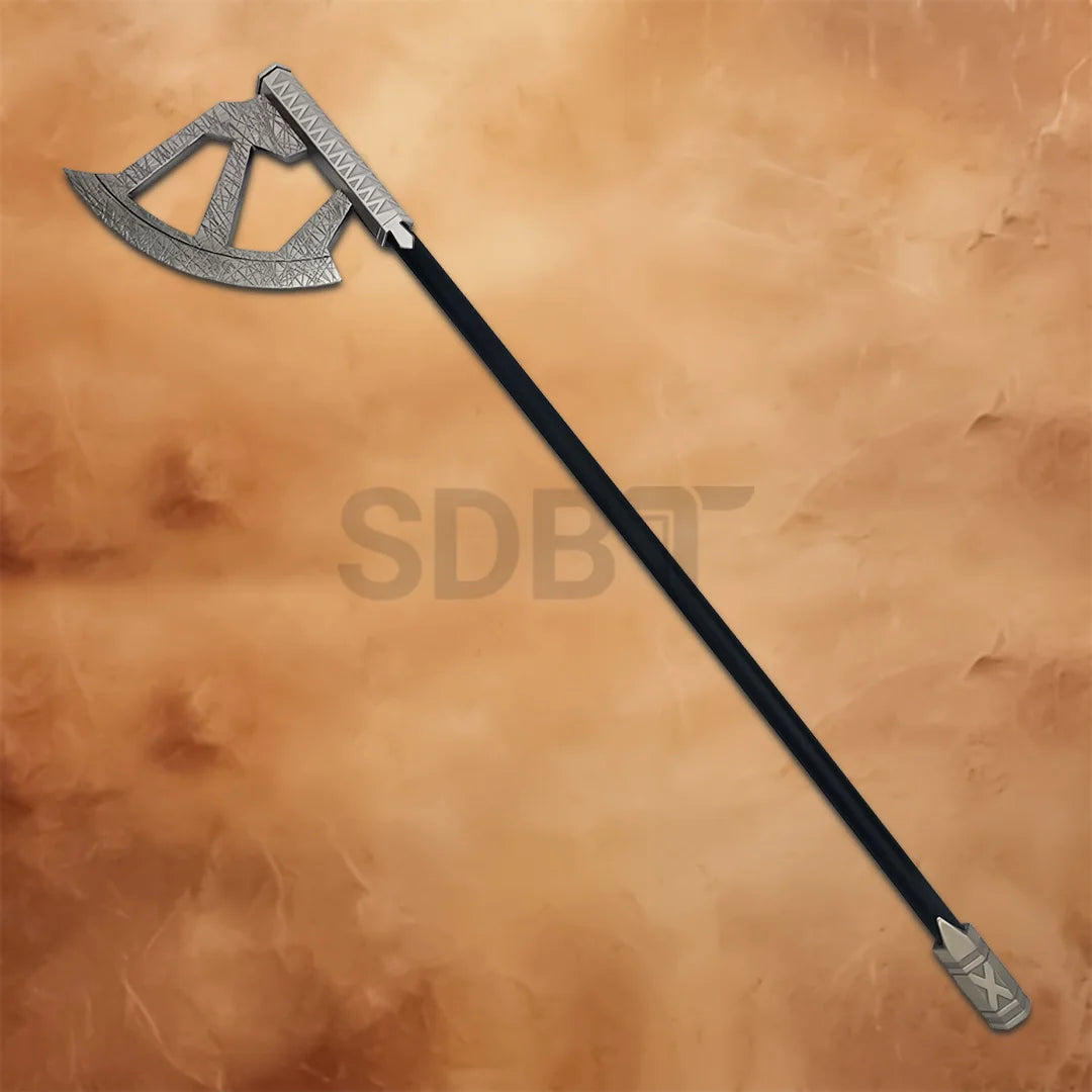 Full-length Gimli Walking Axe Replica inspired by The Lord of the Rings, featuring a detailed dwarven axe head with a black walking staff handle for collectors and display.
