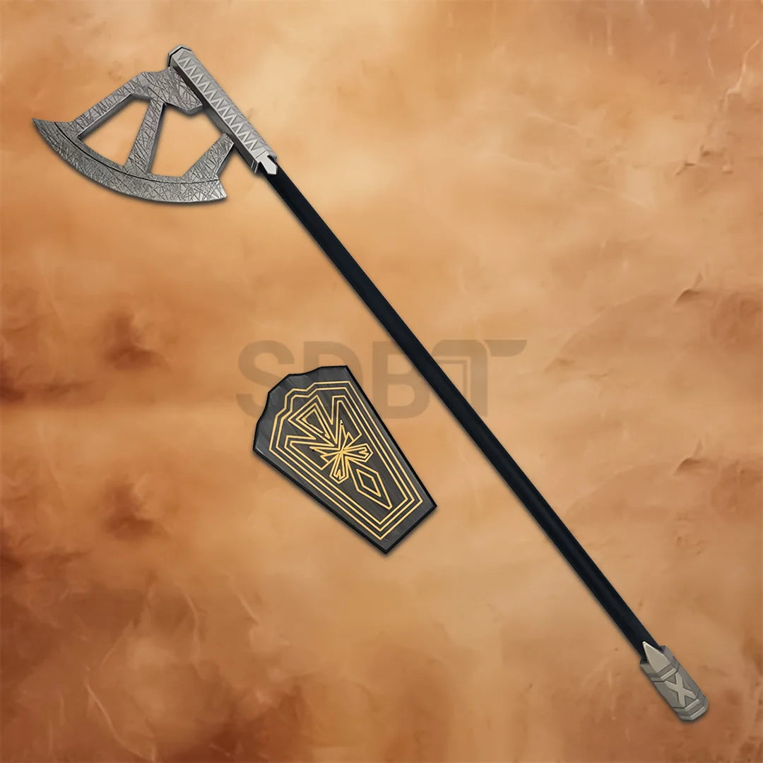 Gimli Walking Axe Replica displayed with a decorative wall plaque, inspired by The Lord of the Rings and perfect for fantasy collections, cosplay, and home display.