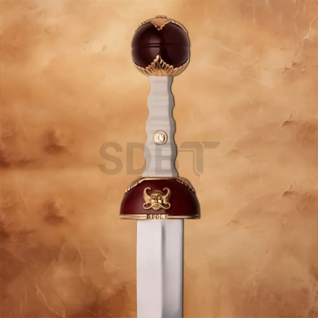 Detailed view of the Gladiator Antique Sword Replica showing the white grip, burgundy pommel, gold accents, and classic Roman-inspired hilt design.