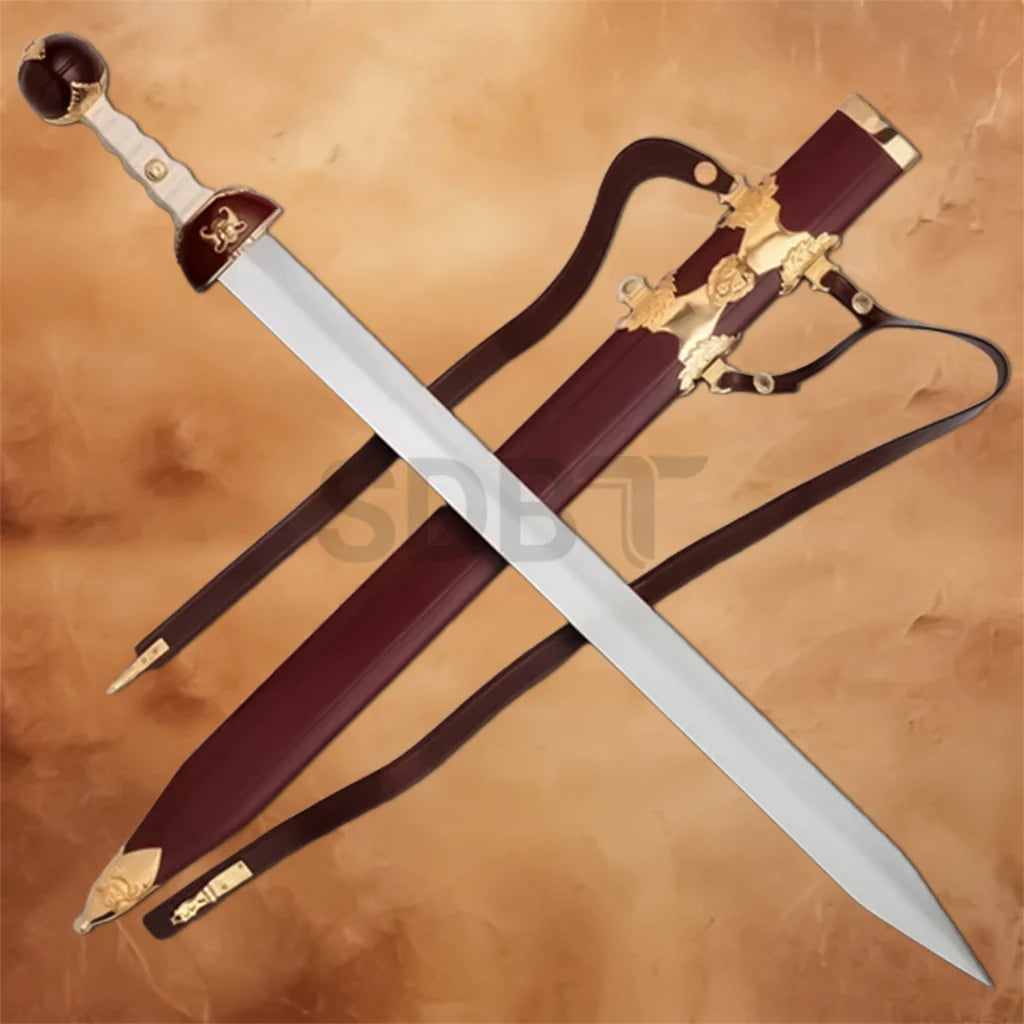 Gladiator Antique Sword Replica displayed with its matching decorative scabbard, polished stainless steel blade, ornate fittings, and adjustable carrying straps.