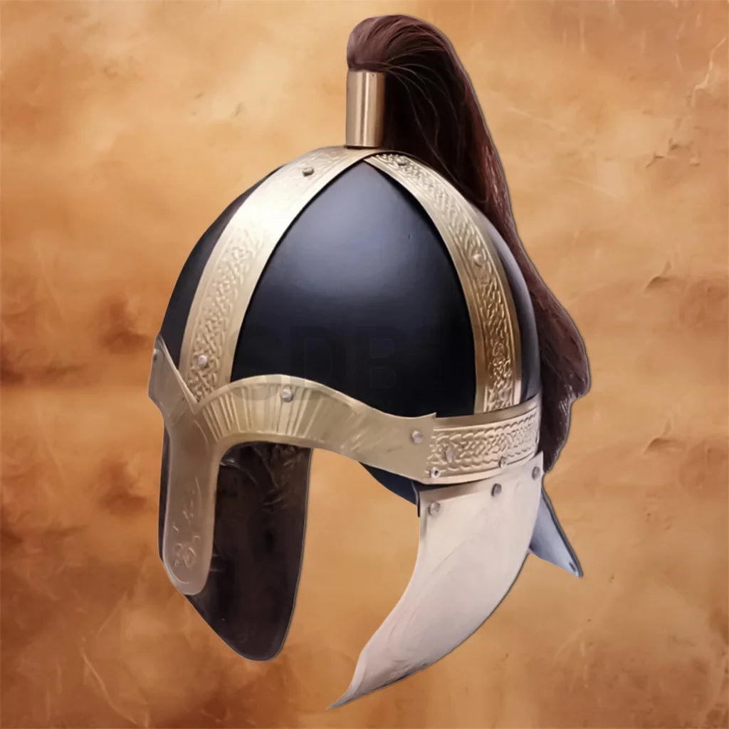Three-quarter view of the Gladiator Movie Helmet Replica displaying the engraved face guard, black steel dome, gold-tone detailing, and flowing brown crest for authentic display.